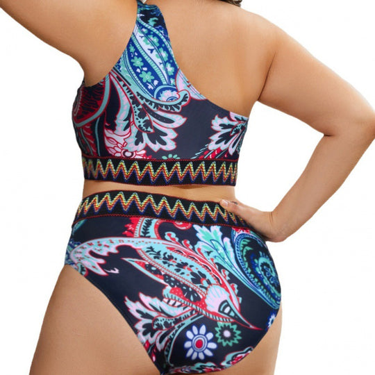 Damen Crop-Top Bikini-Set mit hohem Bund und dekorativem Muster EB