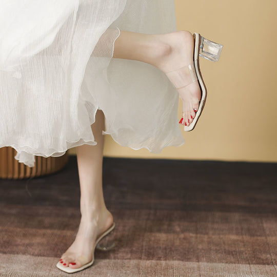 Damen transparente Mules mit elegantem Blockabsatz EB