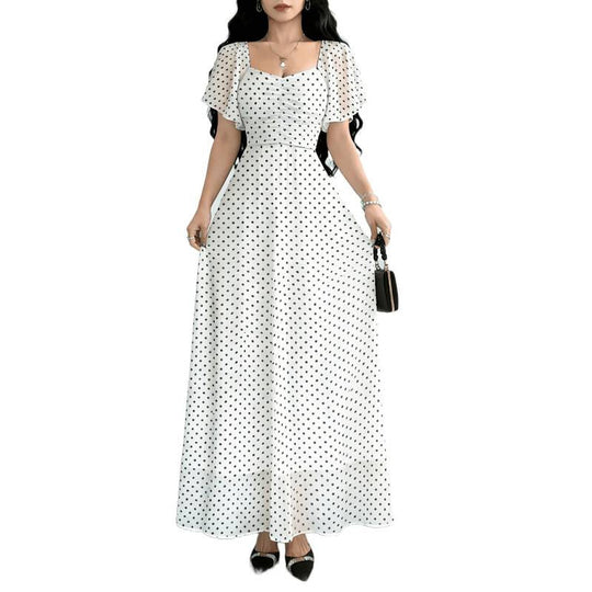 Damen Maxikleid mit voluminösen Rüschenschultern und vintage Punktedesign EB