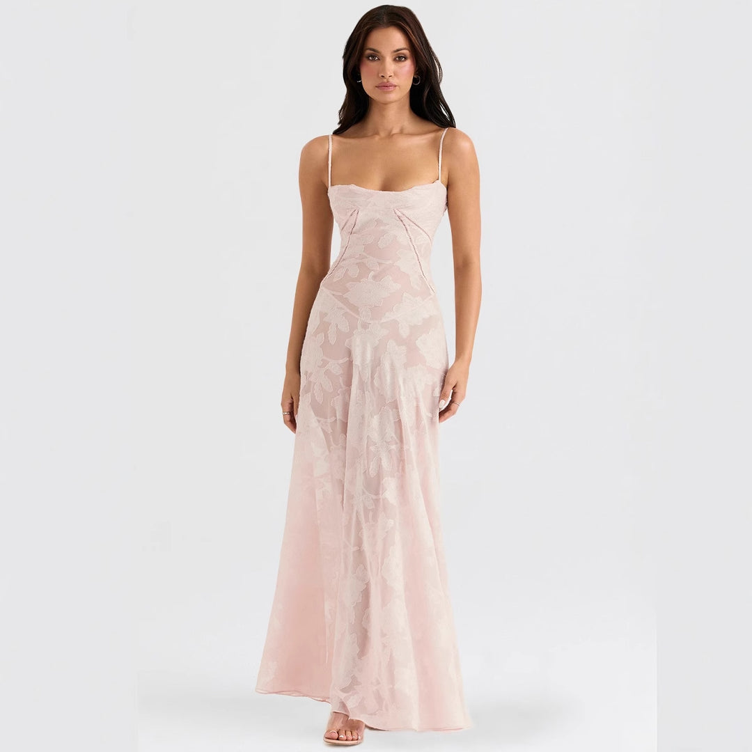 Damen Maxikleid mit dekorativem Spitzen-Oberteil und fließendem Rock EB