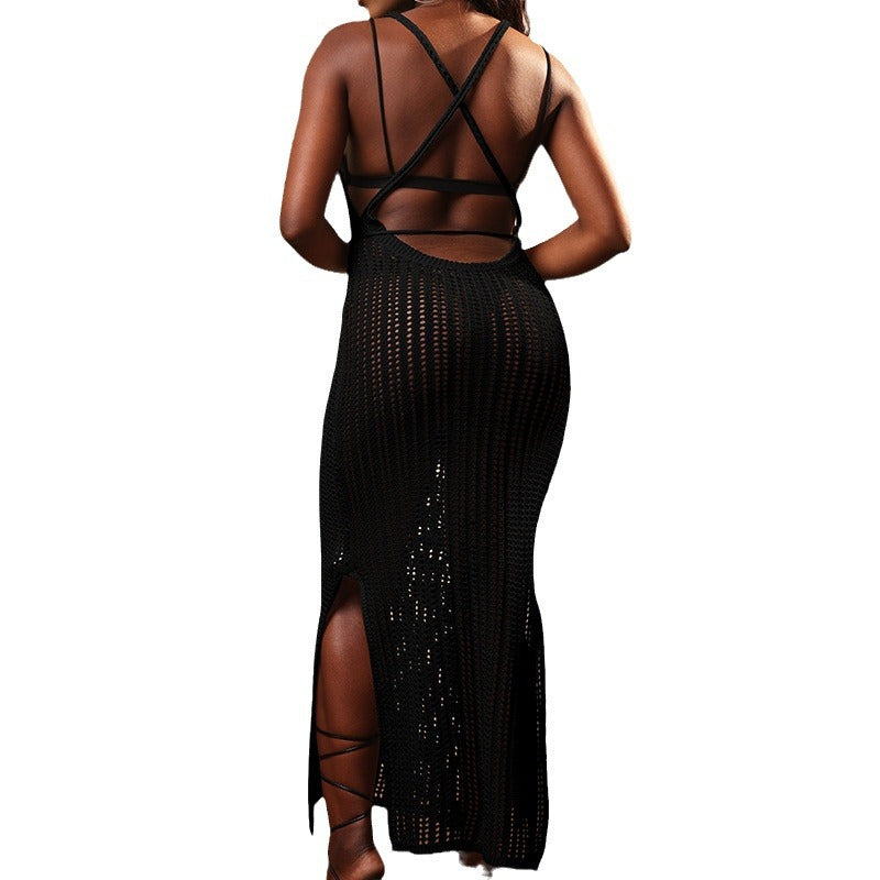 Damen Maxikleid mit raffiniertem Häkelmuster und seitlichem Schlitz EB