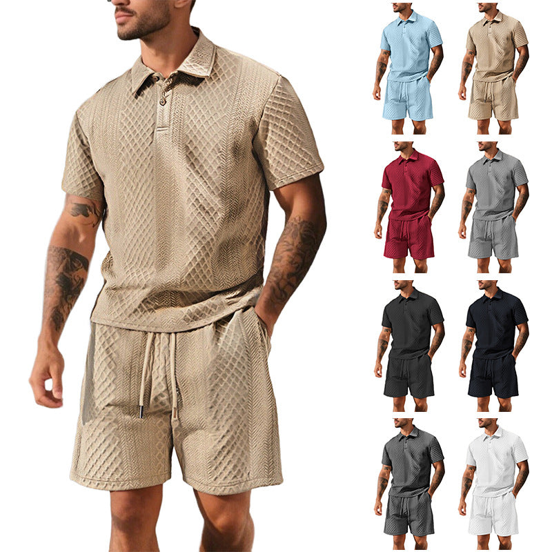 Herren nan dreidimensionales Relief-Freizeit-Set mit Polokragen, verdeckter Knopfleiste und elastischer Tunnelzugshorts EB