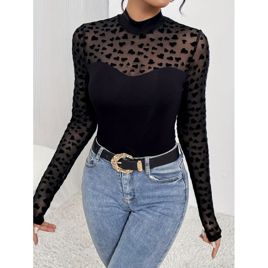 Damen Langarm-Body mit transparenten Herzen und elegantem Stehkragen EB