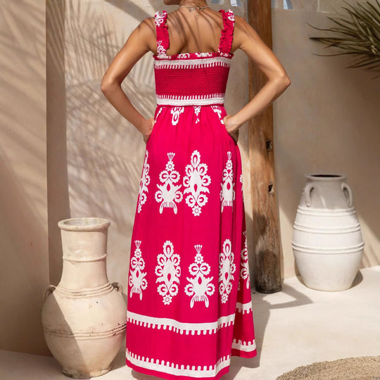 Damen Maxikleid mit elastischem Oberteil und detailliertem Muster EB