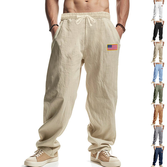 Herren nan lockere Freizeit-Hose mit elastischem Bund, Seitentaschen und Flaggen-Patch EB