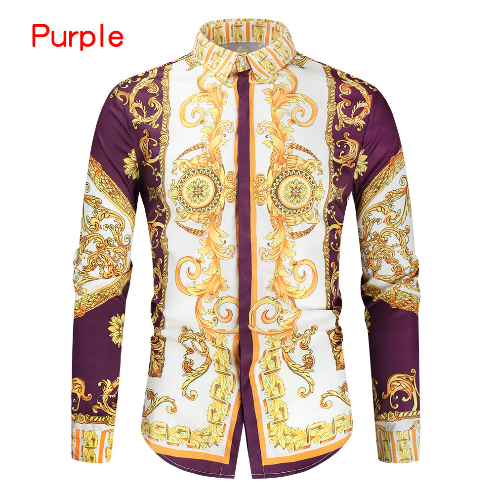 Herren nan barockes Langarm-Hemd mit ornamentalem Druck, Kentkragen und tailliertem Schnitt EB
