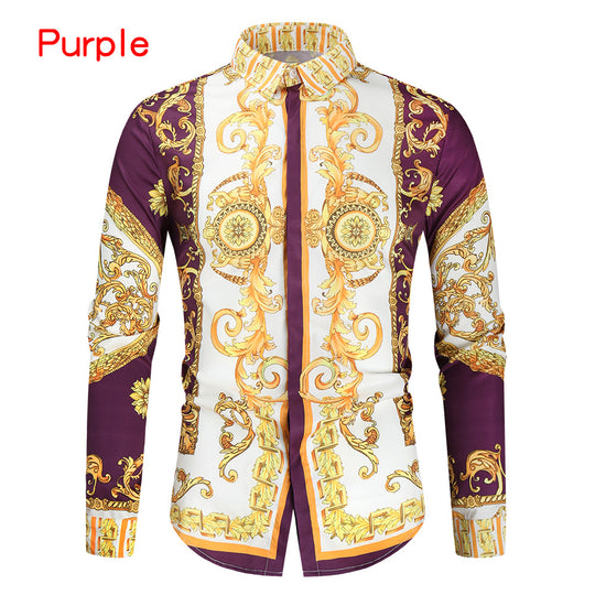 Herren nan barockes Langarm-Hemd mit ornamentalem Druck, Kentkragen und tailliertem Schnitt EB