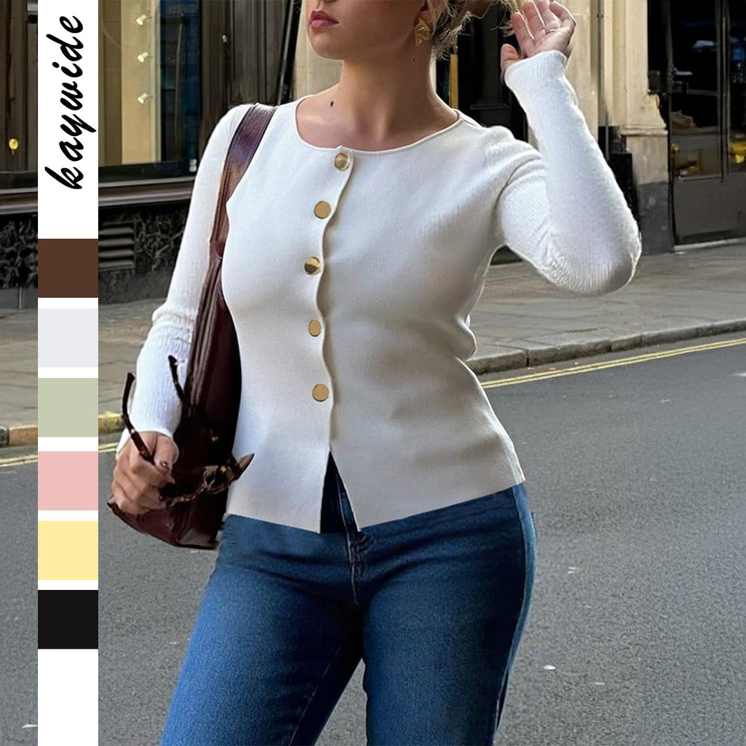 Damen nan taillierter Feinstrick-Cardigan mit asymmetrischer Goldknopf-Leiste und Frontschlitz EB
