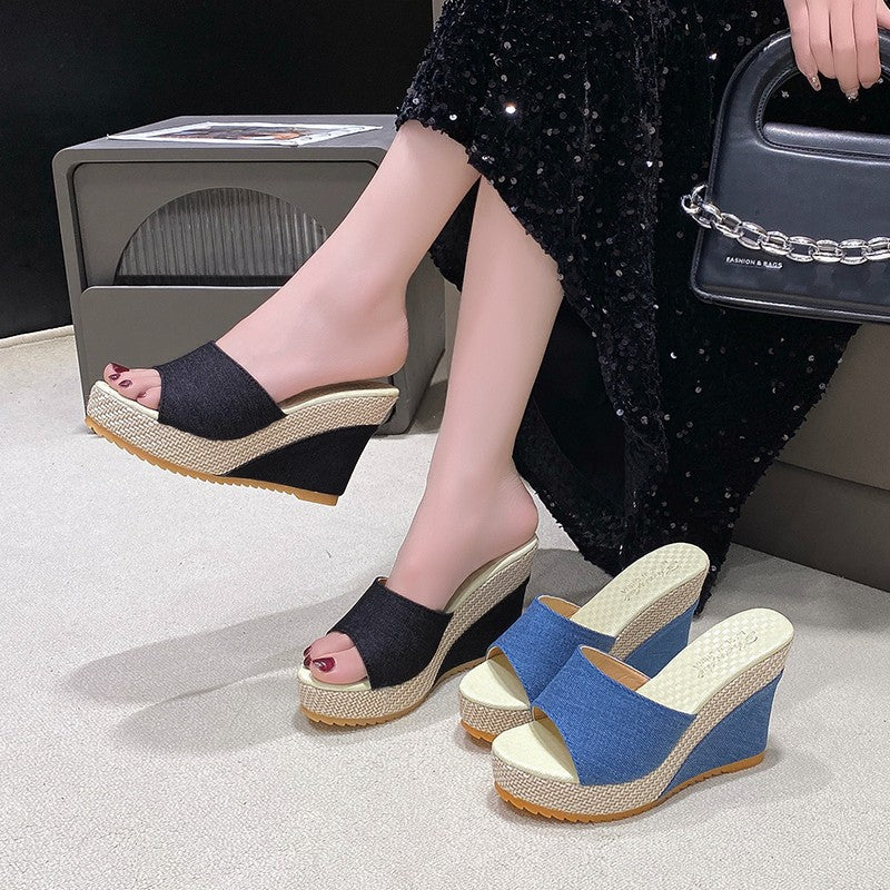 Damen Wedge-Pantoletten mit modischem Denim-Obermaterial und bequemer Fußbett EB