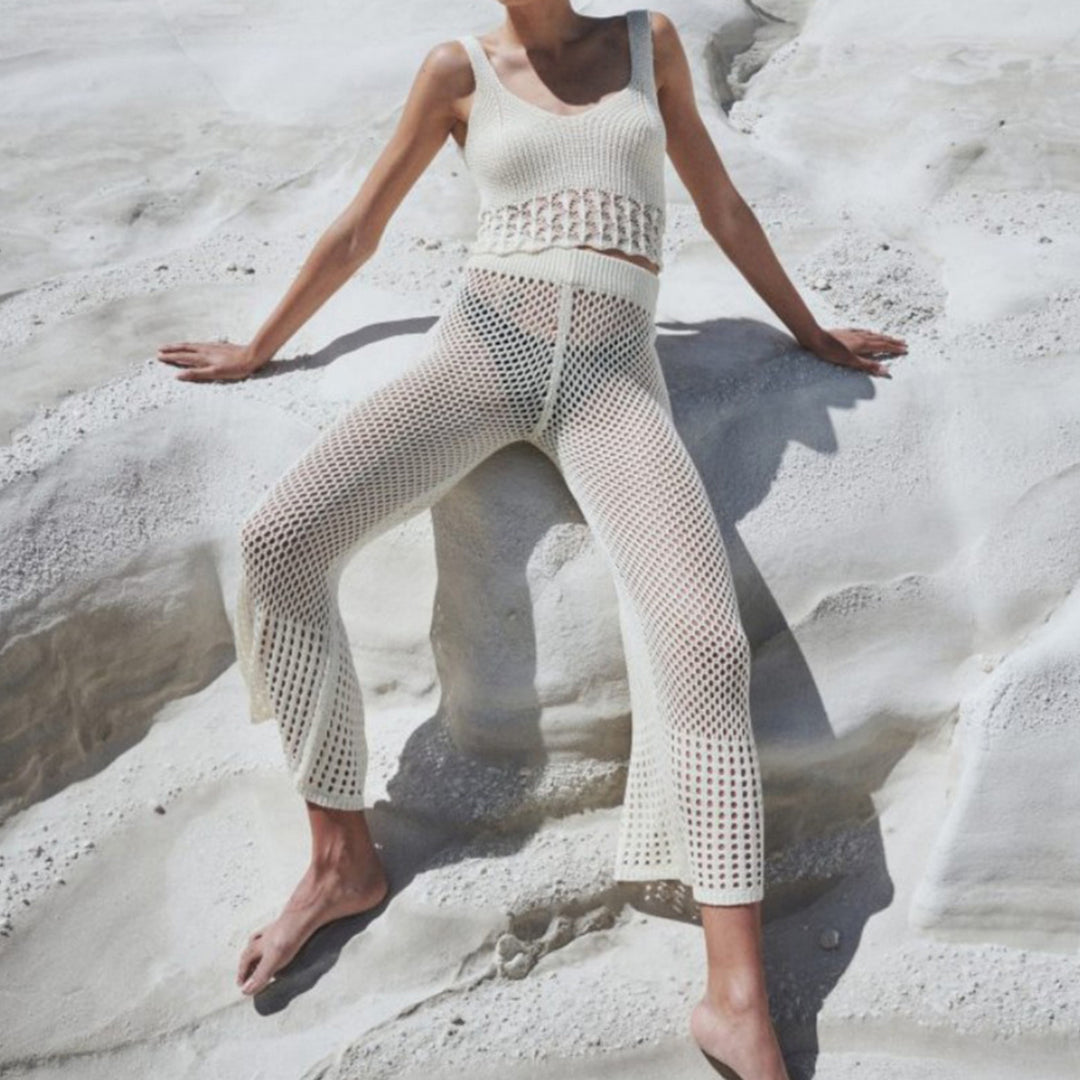 Damen luftiges Cropped-Häkeloberteil und Hochtaillierte Netzhose EB