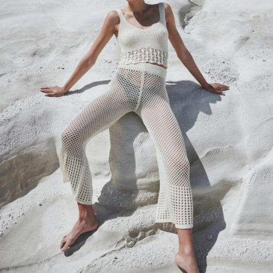 Damen luftiges Cropped-Häkeloberteil und Hochtaillierte Netzhose EB