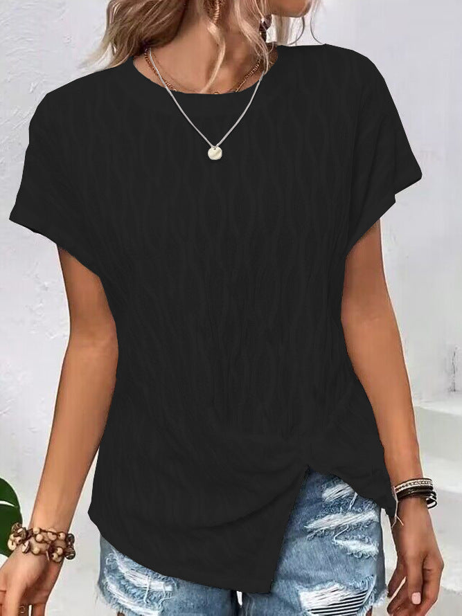 Damen Kurzarm T-Shirt mit strukturiertem Wellenmuster und hochwertiger Baumwolle EB