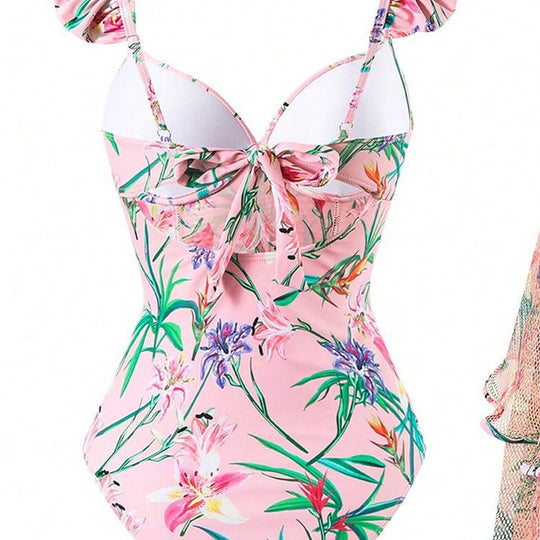 Damen Einteiler Badeanzug mit Rüschendetails und floralem Wickelrock EB