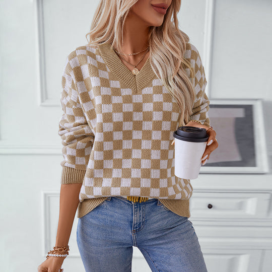 Damen lässiger V-Ausschnitt Pullover mit Karo-Muster und lockerer Passform EB