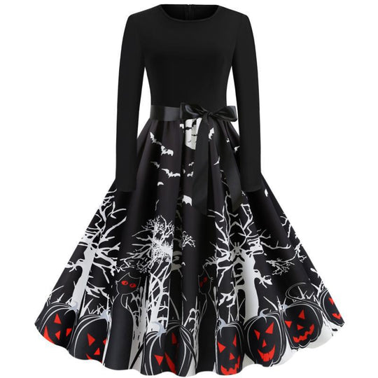 Damen Vintage-inspiriertes Swingkleid mit Halloween-Motiv, taillierter Satinschärpe und langen Ärmeln EB