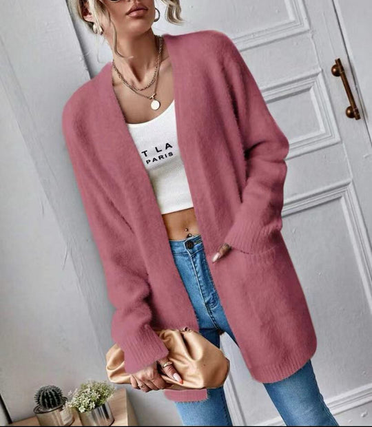 Damen Flauschiger Offener Cardigan aus weichem Material EB