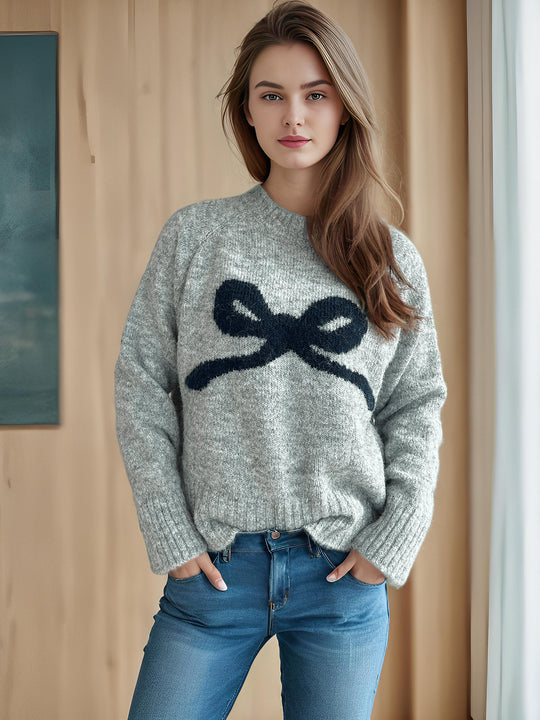 Damen gemütlicher Pullover mit verspieltem Schleifenmotiv EB
