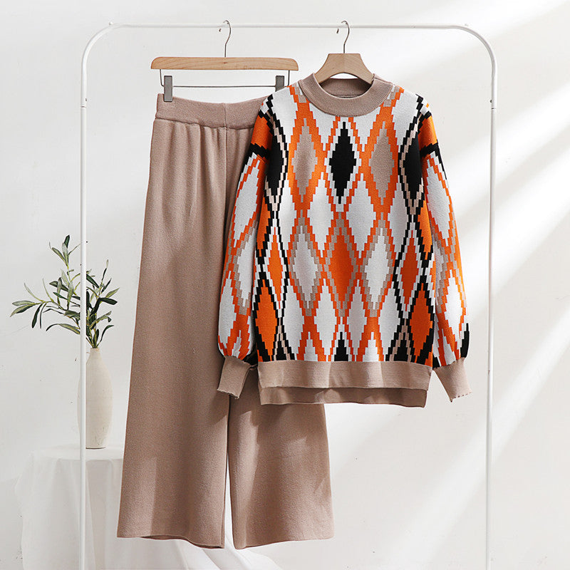 Damen modisches Strick-Loungewear-Set mit geometrischem Muster und weitem Schnitt EB