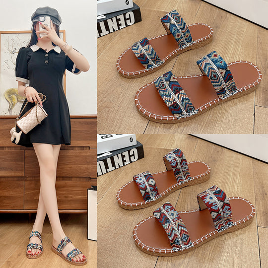 Damen modische Zehentrenner-Sandalen mit handgewebtem Textil-EB