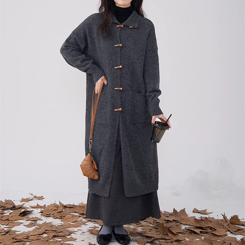 Damen langer Strickmantel mit Knöpfen und praktischen Taschen EB