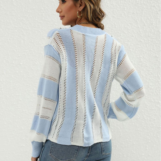Damen Modischer V-Pullover mit strukturiertem Lochmuster und kontrastierenden Akzenten EB