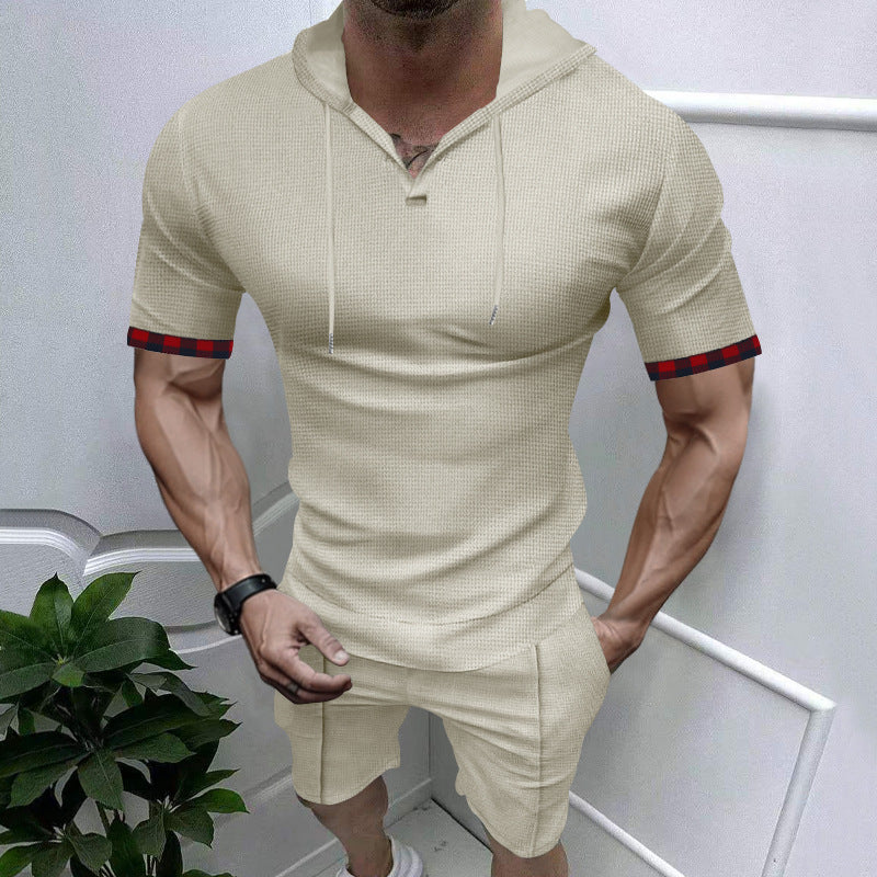 Herren nan sommerliches Kapuzen-Lounge-Set in leichter Waffelstruktur mit Kurzarm-Hoodie Henley-Öffnung und Komfort-Shorts EB