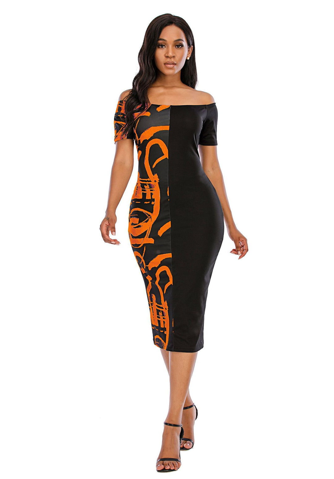 Damen Elegantes Off-Shoulder-Midikleid mit grafischem Druck und taillierter Silhouette EB