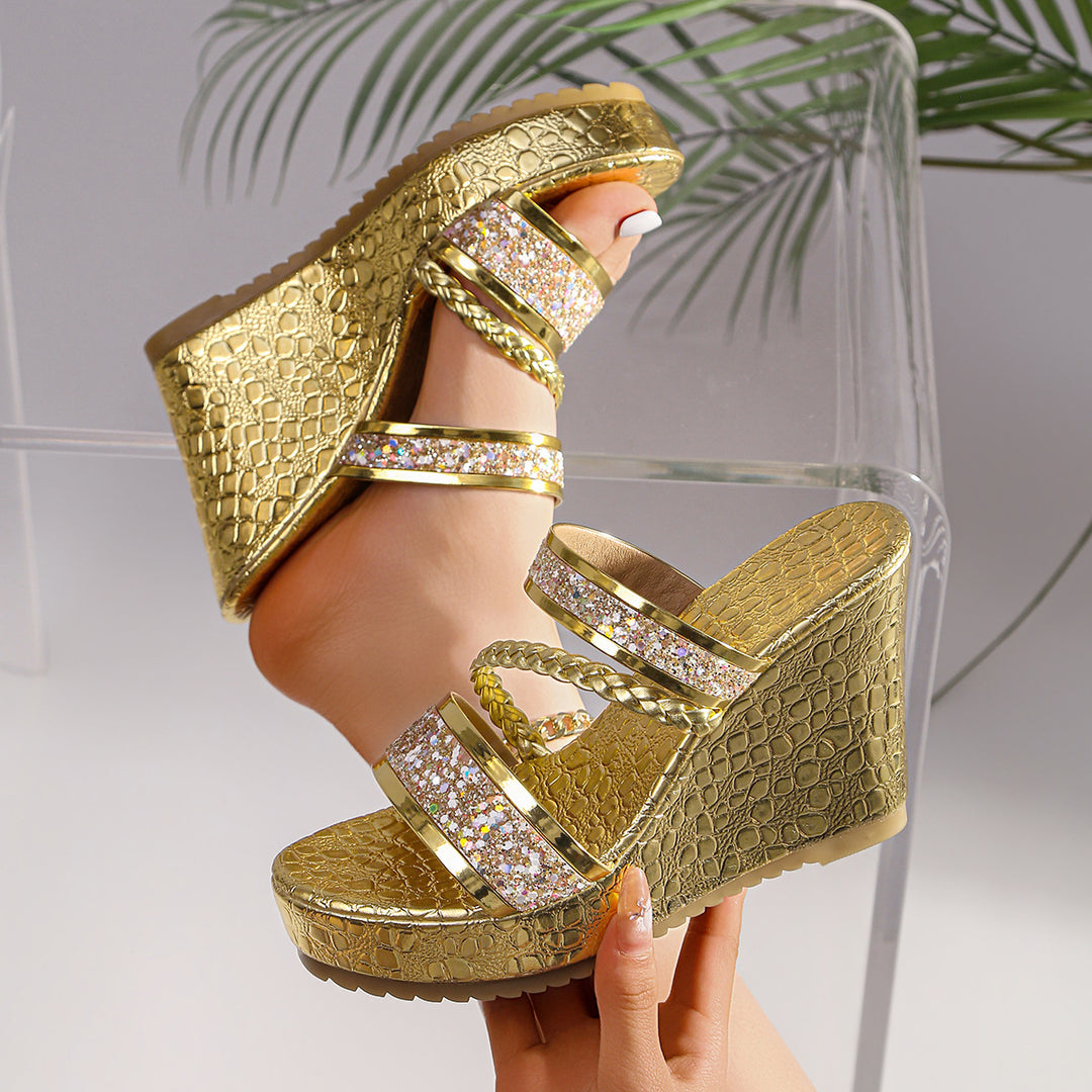 Damen Wedge-Sandalen mit funkelnden Akzenten und elegantem Krokodil-Design EB