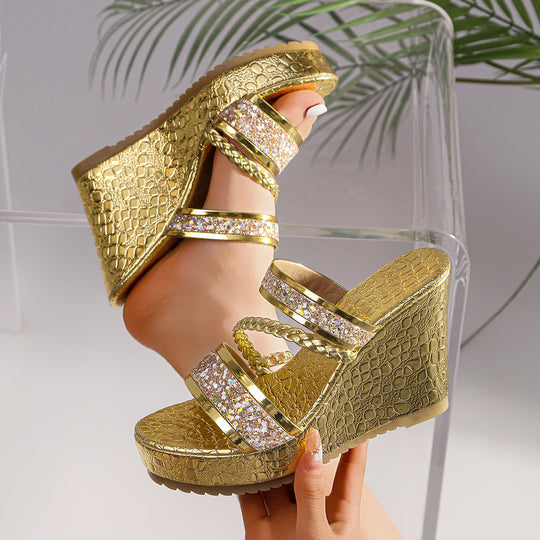 Damen Wedge-Sandalen mit funkelnden Akzenten und elegantem Krokodil-Design EB