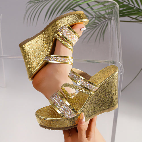 Damen Wedge-Sandalen mit funkelnden Akzenten und elegantem Krokodil-Design EB