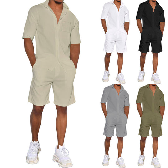 Herren nan legeres Resort-Zweiteiler mit offenem Kurzarm-Hemd, Brusttasche und elastischer Bermuda EB