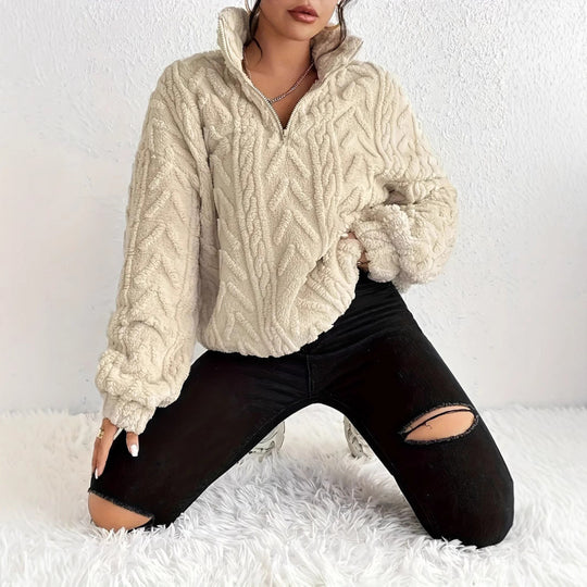 Damen kuscheliger Fleece-Pullover mit hochgeschlossenem Kragen und Reißverschluss EB