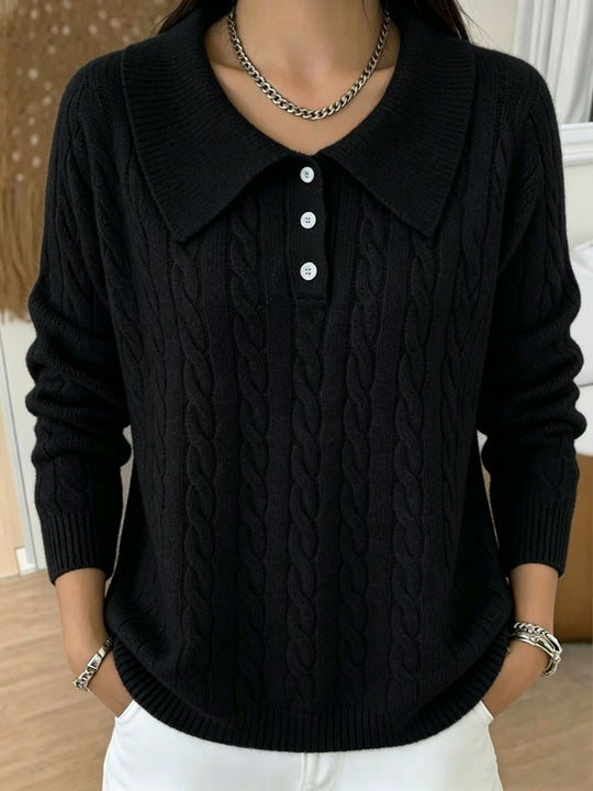 Damen Kabelstrick-Polo-Pullover mit großem Umlegekragen und lockerer Silhouette EB