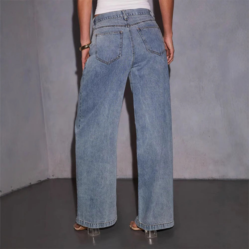 Damen Weite High-Waist Jeans im lässigen Vintage-Stil mit fransigem Saum EB