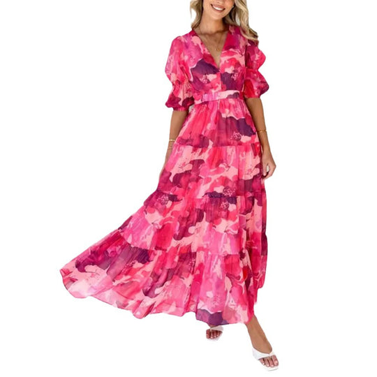 Damen Maxikleid mit voluminösen Puffärmeln und fließendem Rock Heidi-Mode
