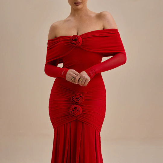 Damen Maxikleid mit schulterfreier Silhouette und dekorativen Rosen EB