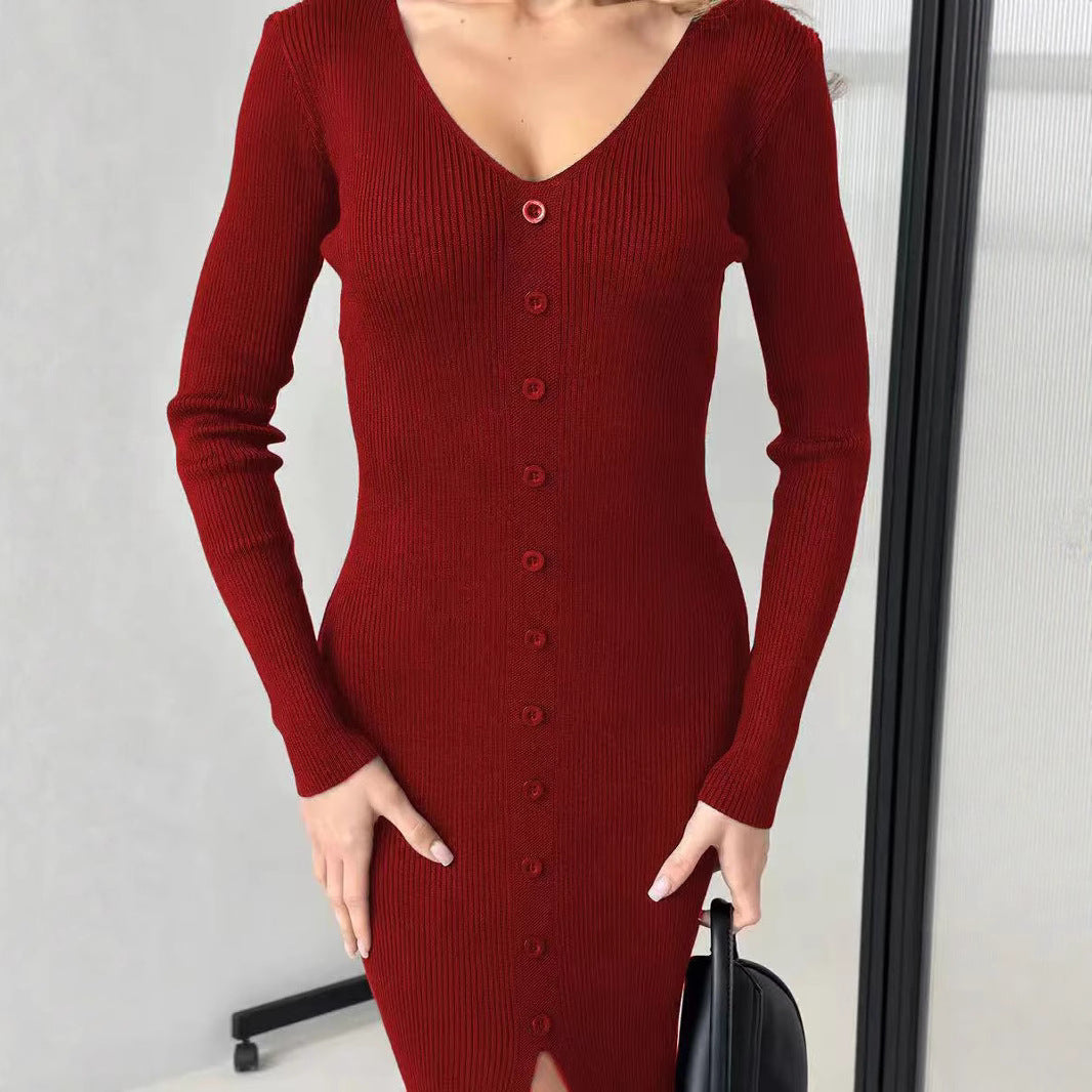 Damen Strickkleid mit V-Ausschnitt und Knopfleiste EB