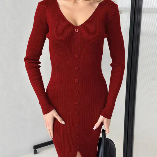 Damen Strickkleid mit V-Ausschnitt und Knopfleiste EB