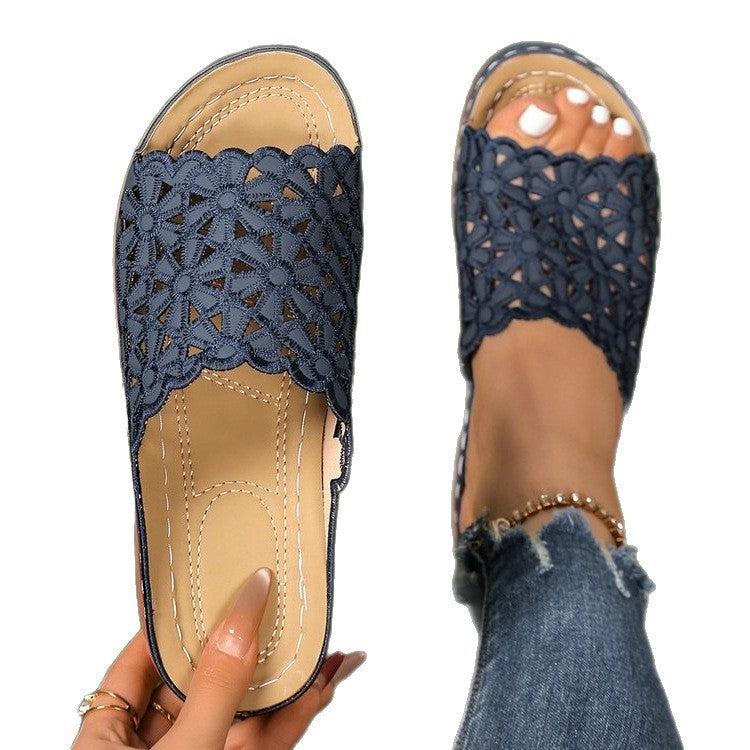 Damen offene Riemchen-Sandalen mit floralem Häkel-Muster EB