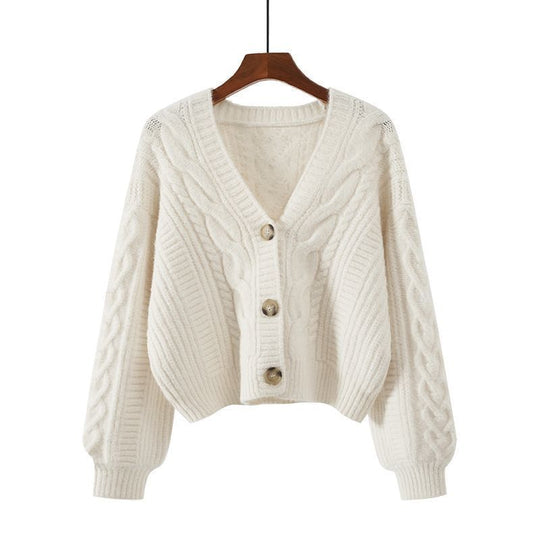Damen Strickjacke mit ausgefallenem Zopfmuster und tiefem V-Ausschnitt EB