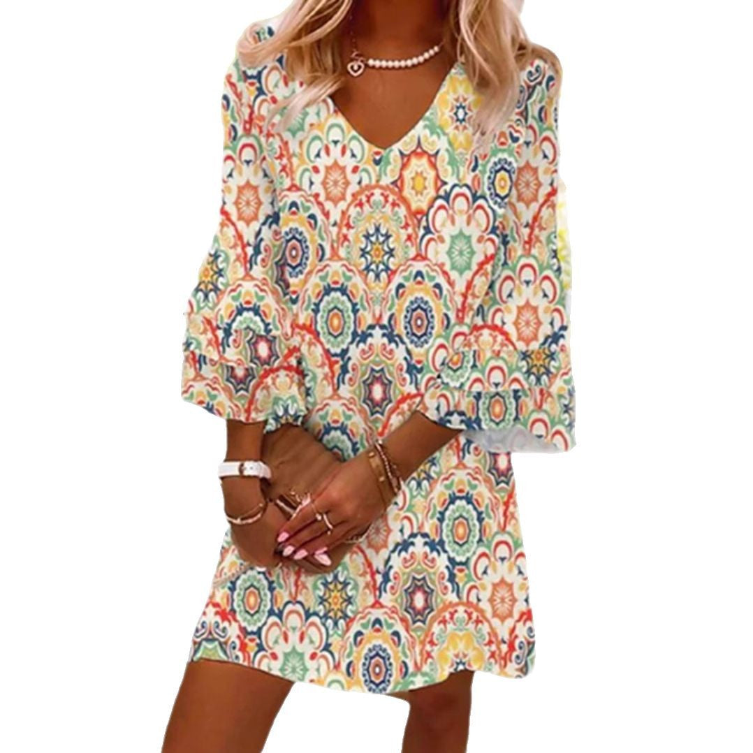 Damen Kurzarm Kleid mit buntem geometrischen Druck und elegantem V-Ausschnitt Heidi-Mode