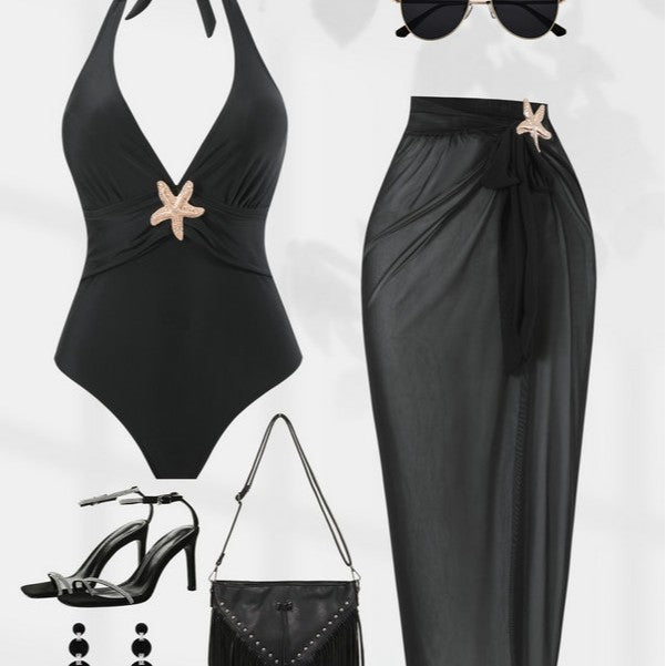 Damen Halterneck Bademode mit transparentem Pareo EB