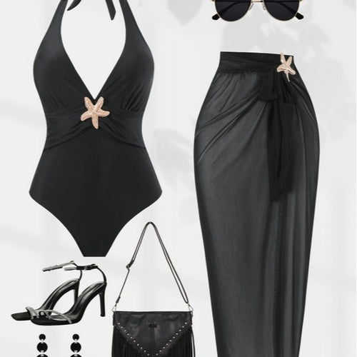 Damen Halterneck Bademode mit transparentem Pareo EB