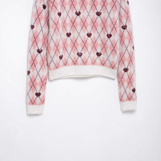 Damen Pullover mit herzförmigem Pattern und Glitzerelementen EB