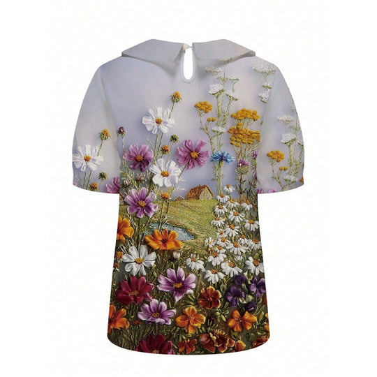 Damen Kurzarmbluse mit floralen Akzenten und klassischem Kragen EB
