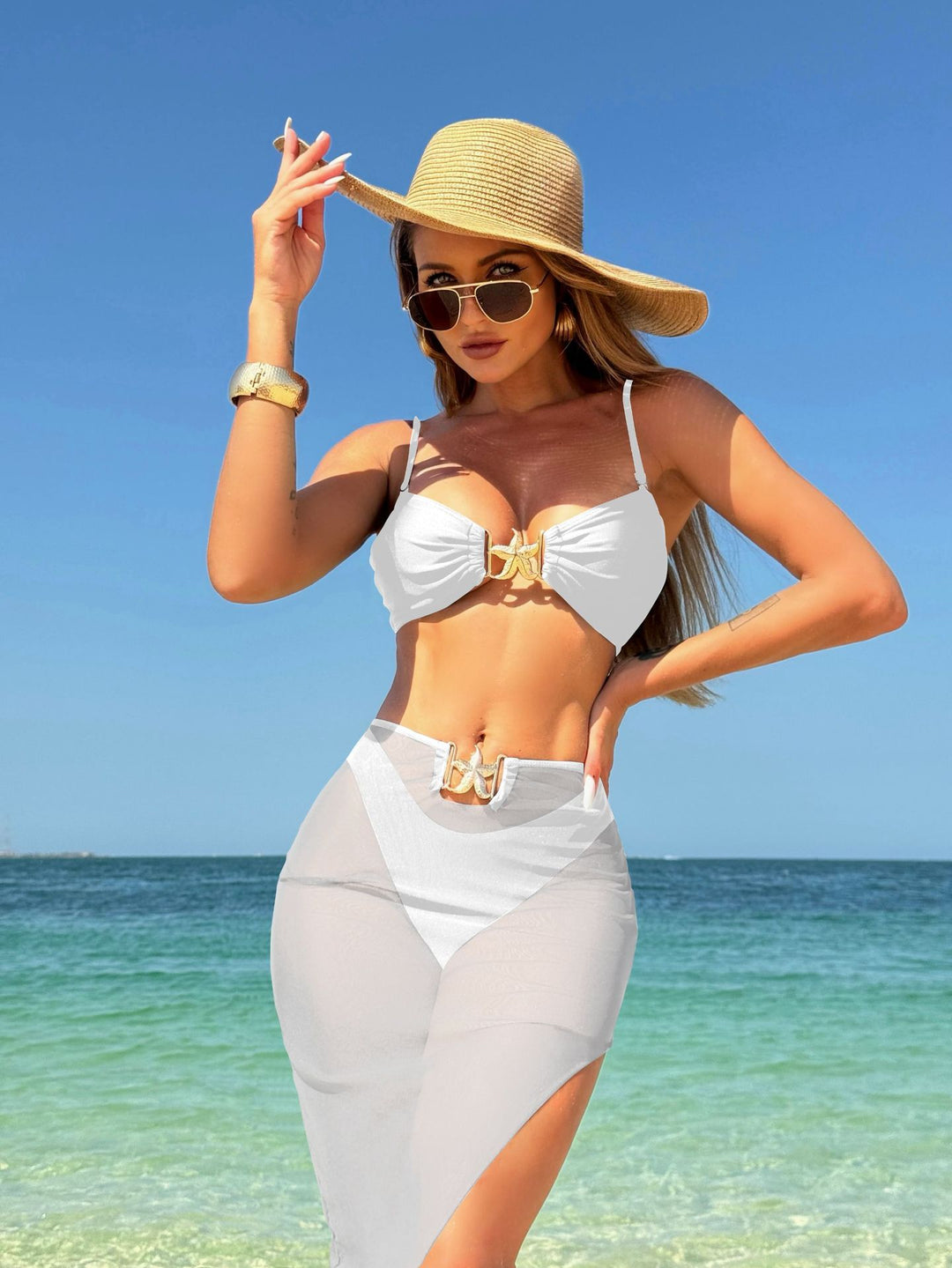 Damen Bikini mit einzigartiger Schnalle und transparentem Rock EB