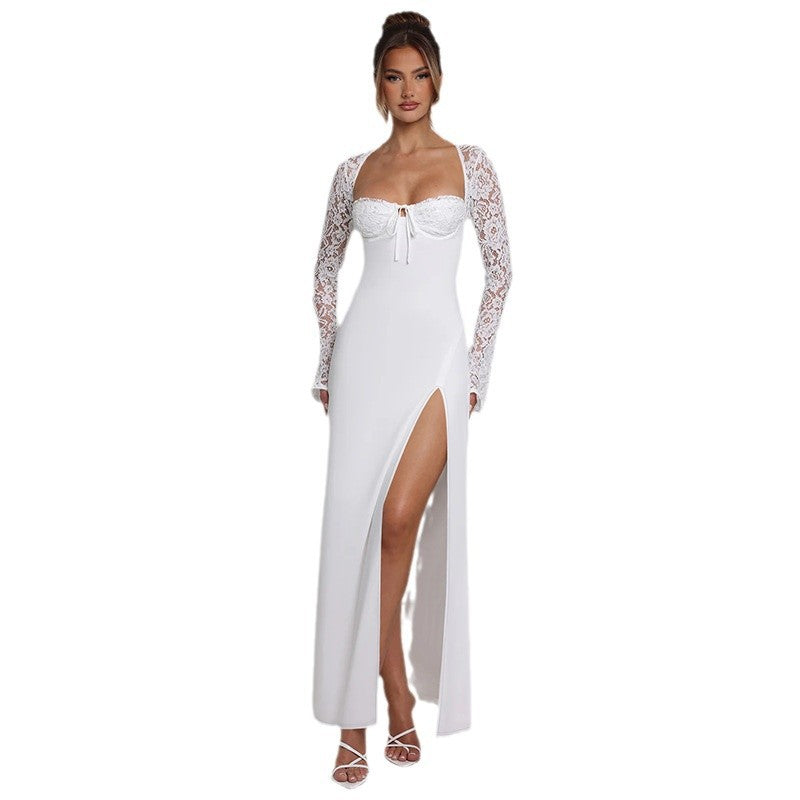Damen Maxikleid mit Spitzenärmeln und tiefem Schlitz EB