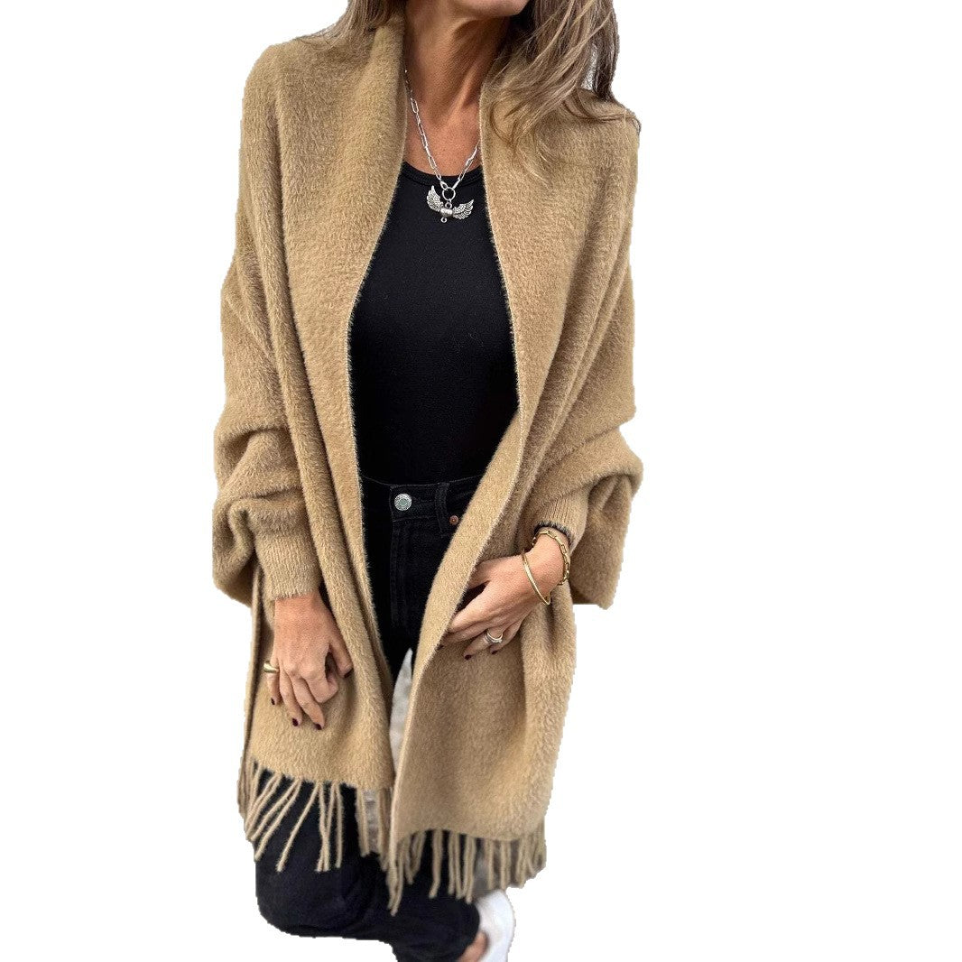 Damen nan langer kuscheliger Fransen-Cardigan mit Schalkragen und Oversize-Passform EB