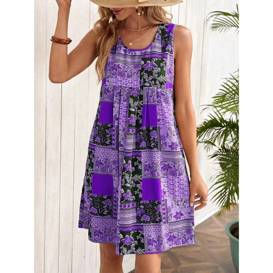 Damen Freizeitleinenkleid mit buntem Patchwork-Design EB