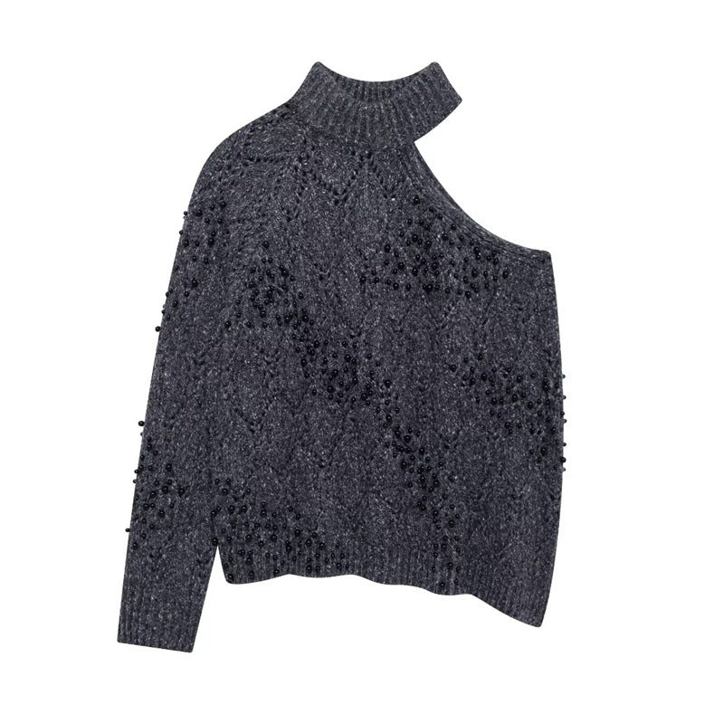 Damen Modischer Oversized Pullover mit asymmetrischem Kragen und strukturiertem Strick EB